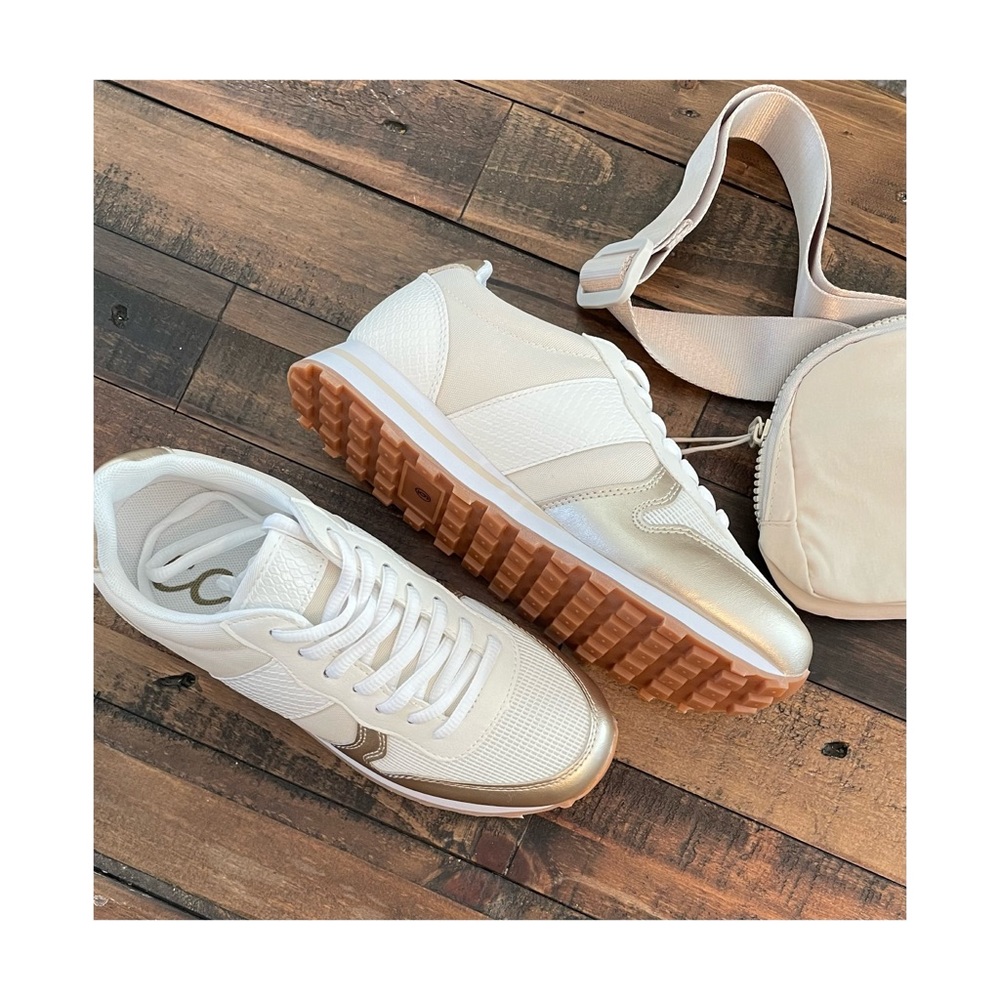 Monochromatic Metallic Champagne Retro Runner Sneakers - Picture 3 of 12